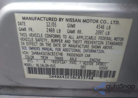 2006 Nissan Maxima 3.5 Sl z USA, uszkodzony, nr VIN 1N4BA41E56C833748